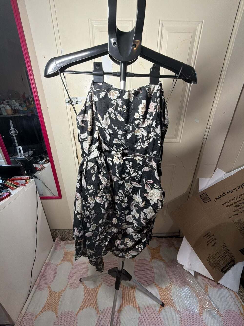 Fate Black Floral Strapless Drape Front Metallic Mini Dress Size M